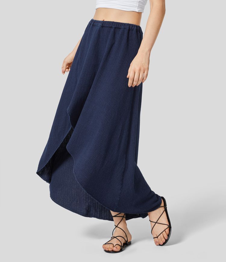 Halara Flex™ Mid Rise High Low Midi Flowy Washed Stretchy Knit Denim Casual Skirt