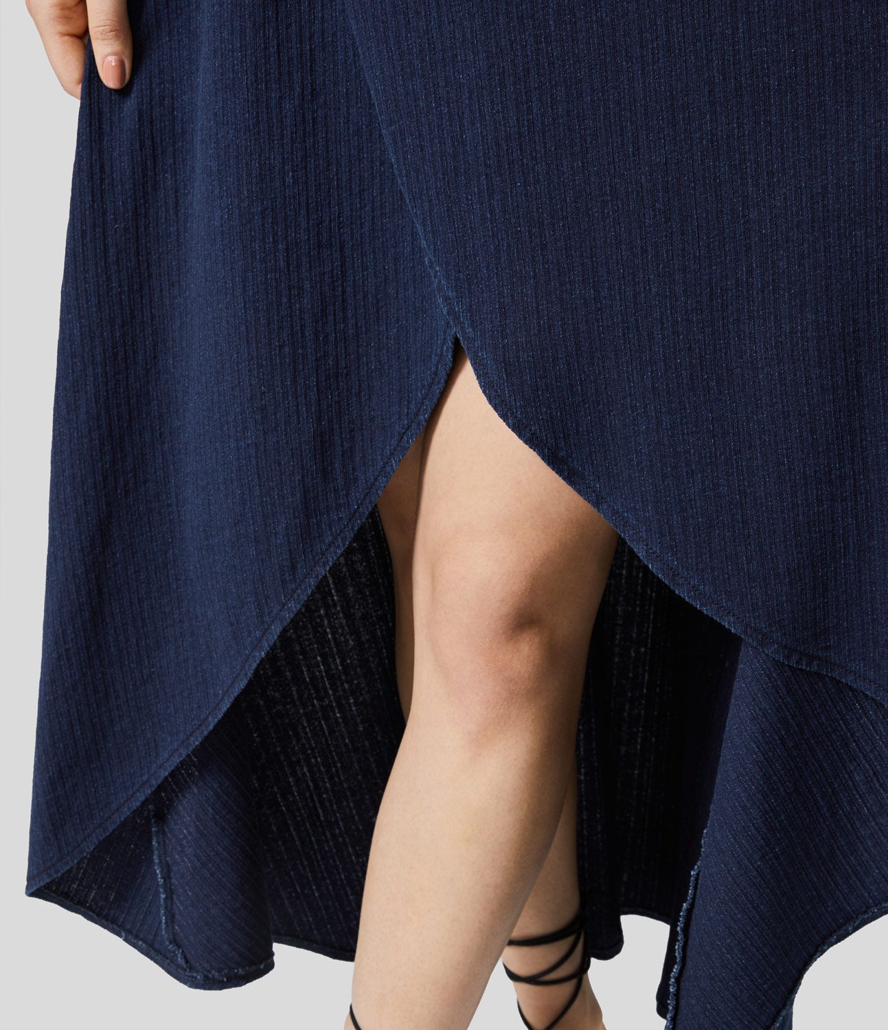 Halara Flex™ Mid Rise High Low Midi Flowy Washed Stretchy Knit Denim Casual Skirt