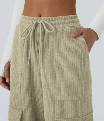 Ribbed Mid Rise Drawstring Pockets Wide Leg Cargo Casual Pants