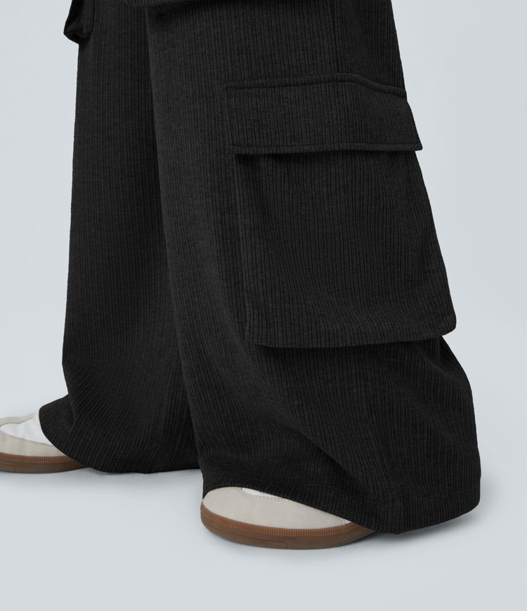 Ribbed Mid Rise Drawstring Pockets Wide Leg Cargo Casual Pants