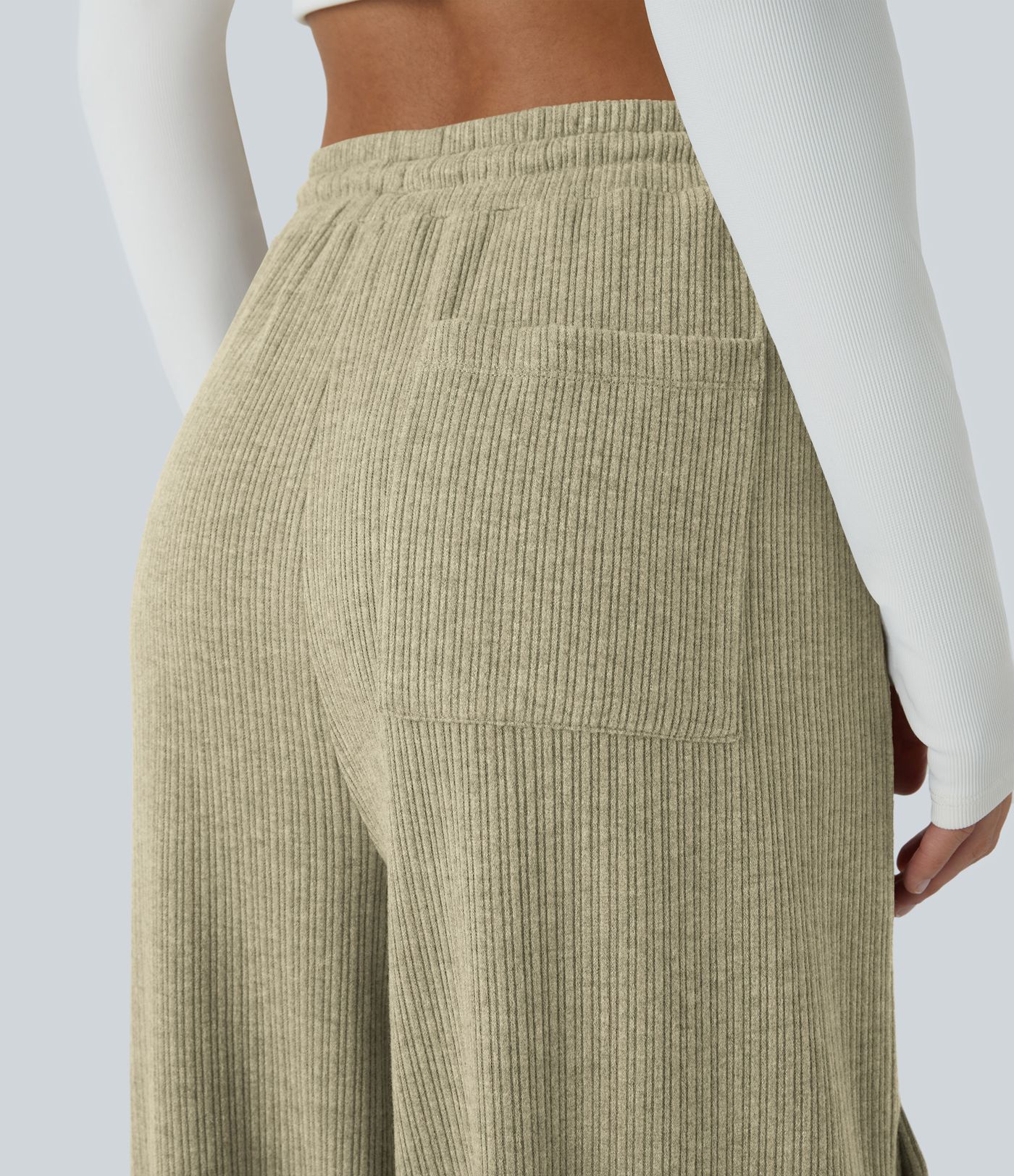 Ribbed Mid Rise Drawstring Pockets Wide Leg Cargo Casual Pants