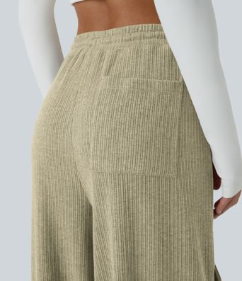 Ribbed Mid Rise Drawstring Pockets Wide Leg Cargo Casual Pants