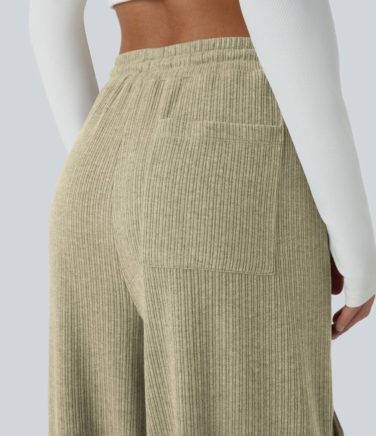 Ribbed Mid Rise Drawstring Pockets Wide Leg Cargo Casual Pants