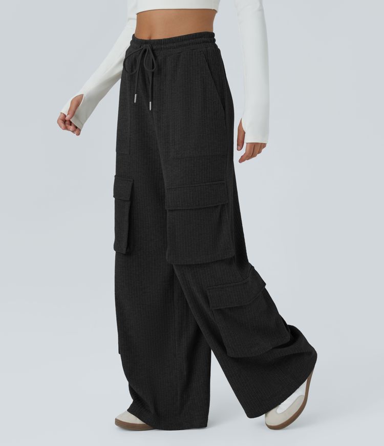 Ribbed Mid Rise Drawstring Pockets Wide Leg Cargo Casual Pants