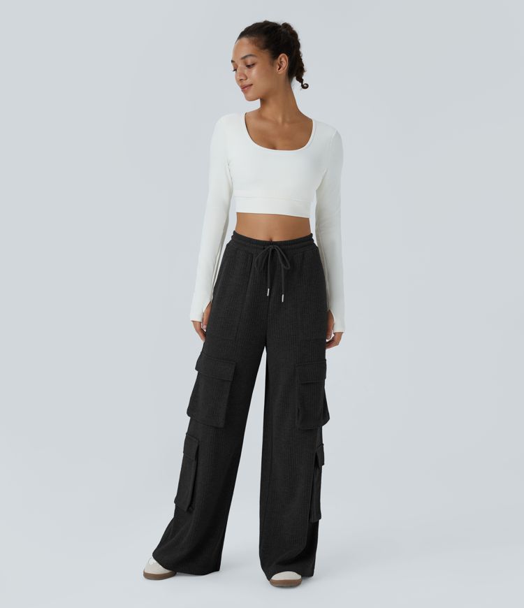 Ribbed Mid Rise Drawstring Pockets Wide Leg Cargo Casual Pants
