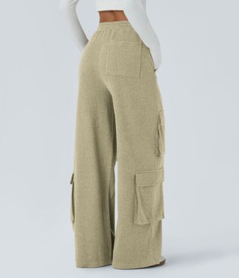 Ribbed Mid Rise Drawstring Pockets Wide Leg Cargo Casual Pants