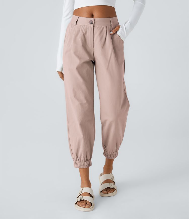 Mid Rise Button Zipper Side Pocket Casual Cotton Joggers