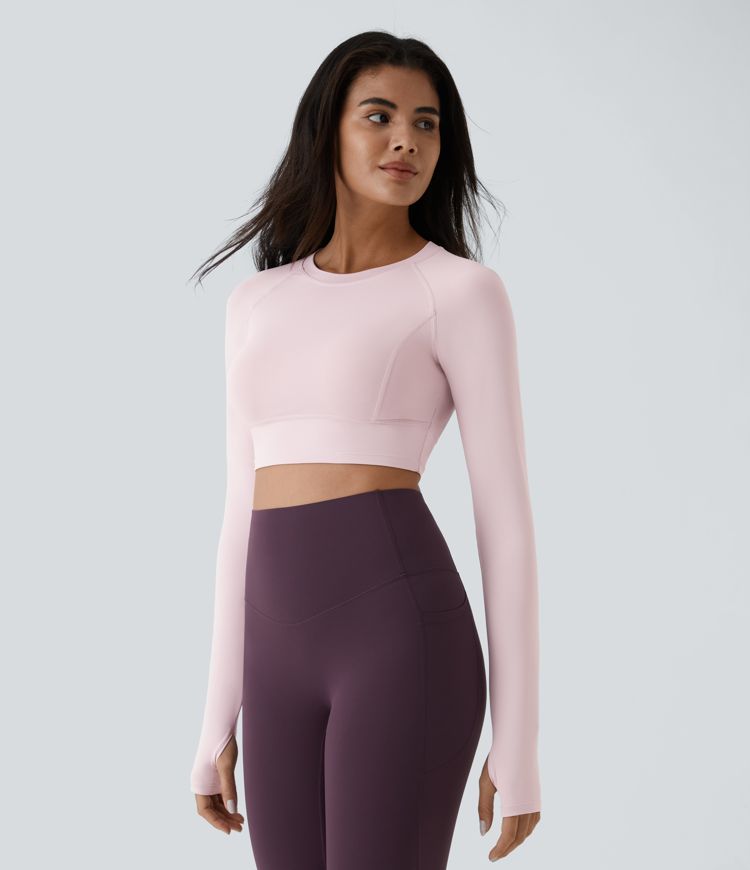 Solid Thumb Hole Cropped Yoga Sports Top