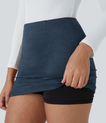 High Waisted 2-in-1 Bodycon Suede Mini Casual Skirt