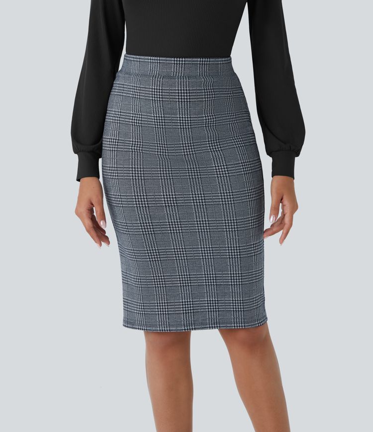 Hohe Taille Saum Hahnentrittmuster Kariert Büro Bleistiftrock