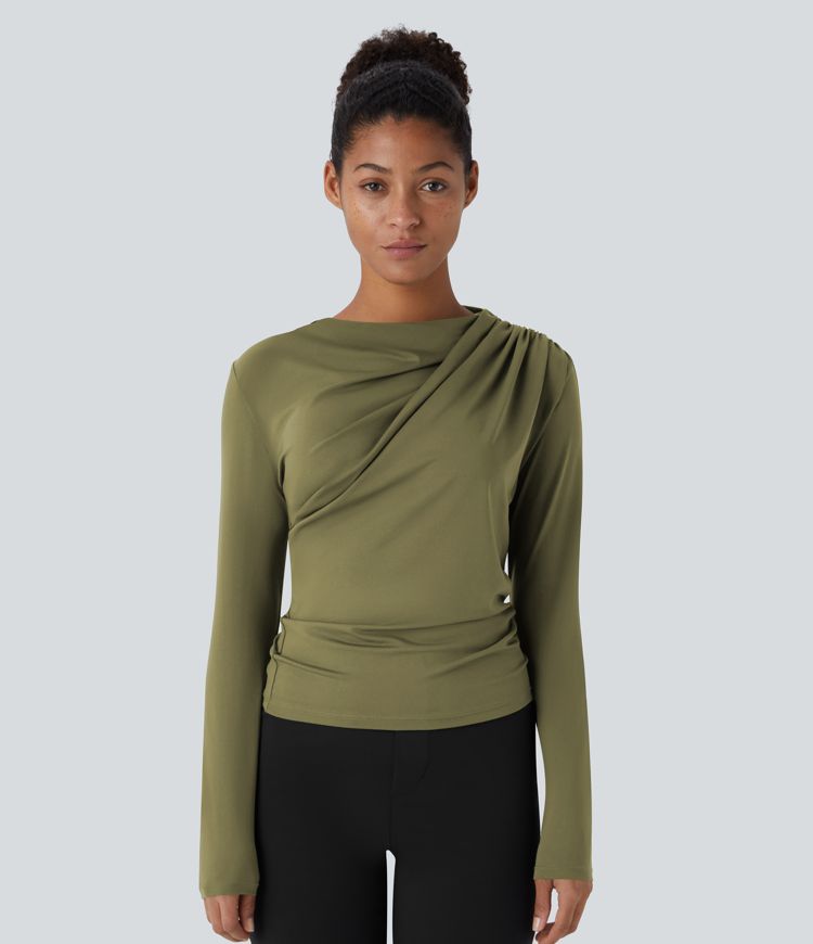 Cowl Neck Ruched Long Sleeve Slim Work Top