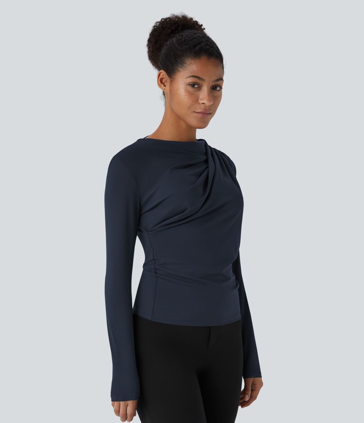 Cowl Neck Ruched Long Sleeve Slim Work Top