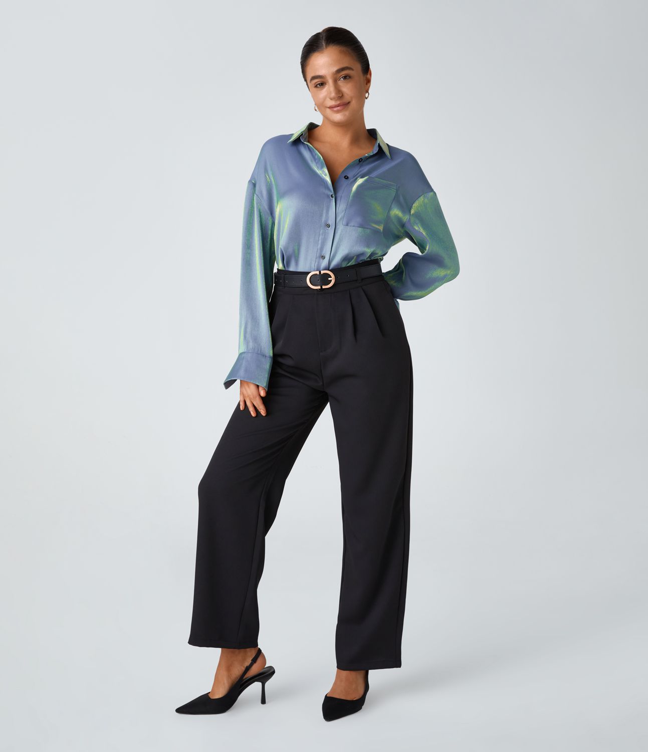 Collared Chest Pocket High Low Curved Hem Shine Oversize Work Shirt