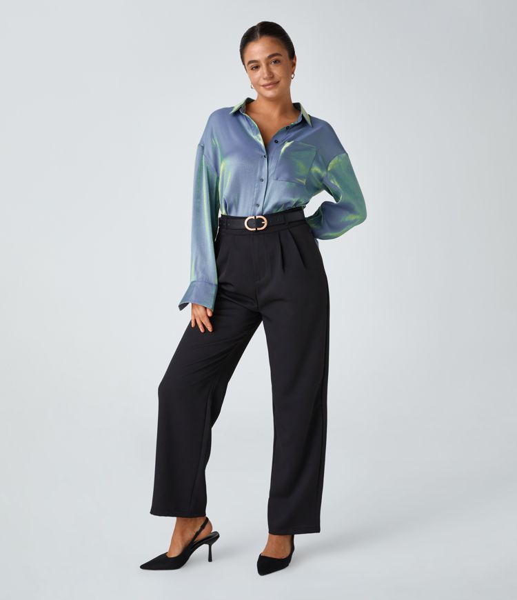 Camisa oficina extragrande brillante dobladillo curvo alto bajo bolsillo pecho cuello