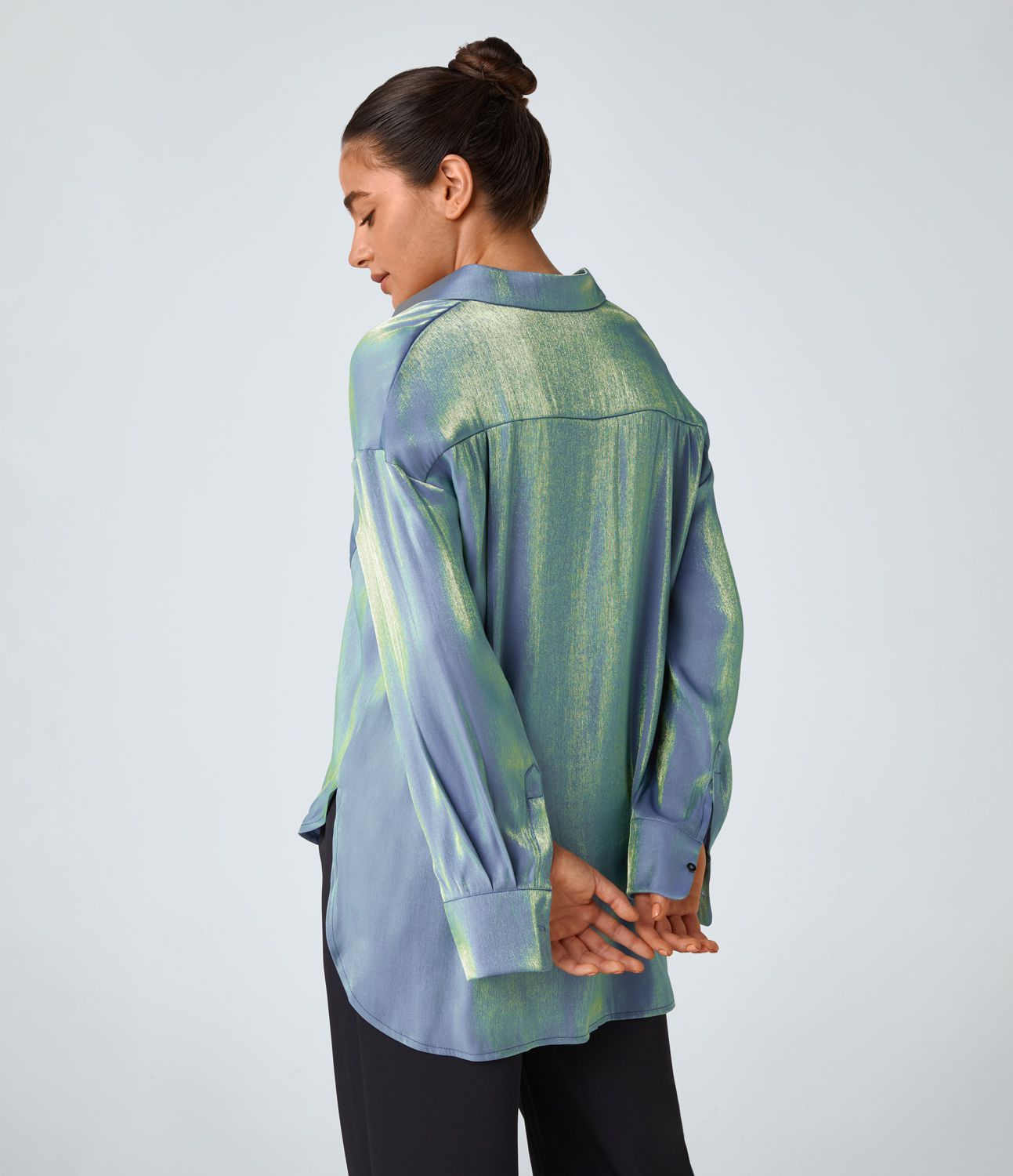 Collared Chest Pocket High Low Curved Hem Shine Oversize Work Shirt