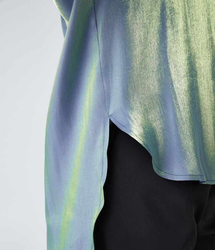 Camisa oficina extragrande brillante dobladillo curvo alto bajo bolsillo pecho cuello