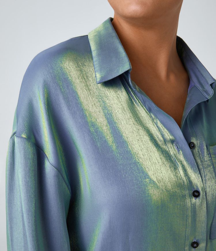 Camisa oficina extragrande brillante dobladillo curvo alto bajo bolsillo pecho cuello