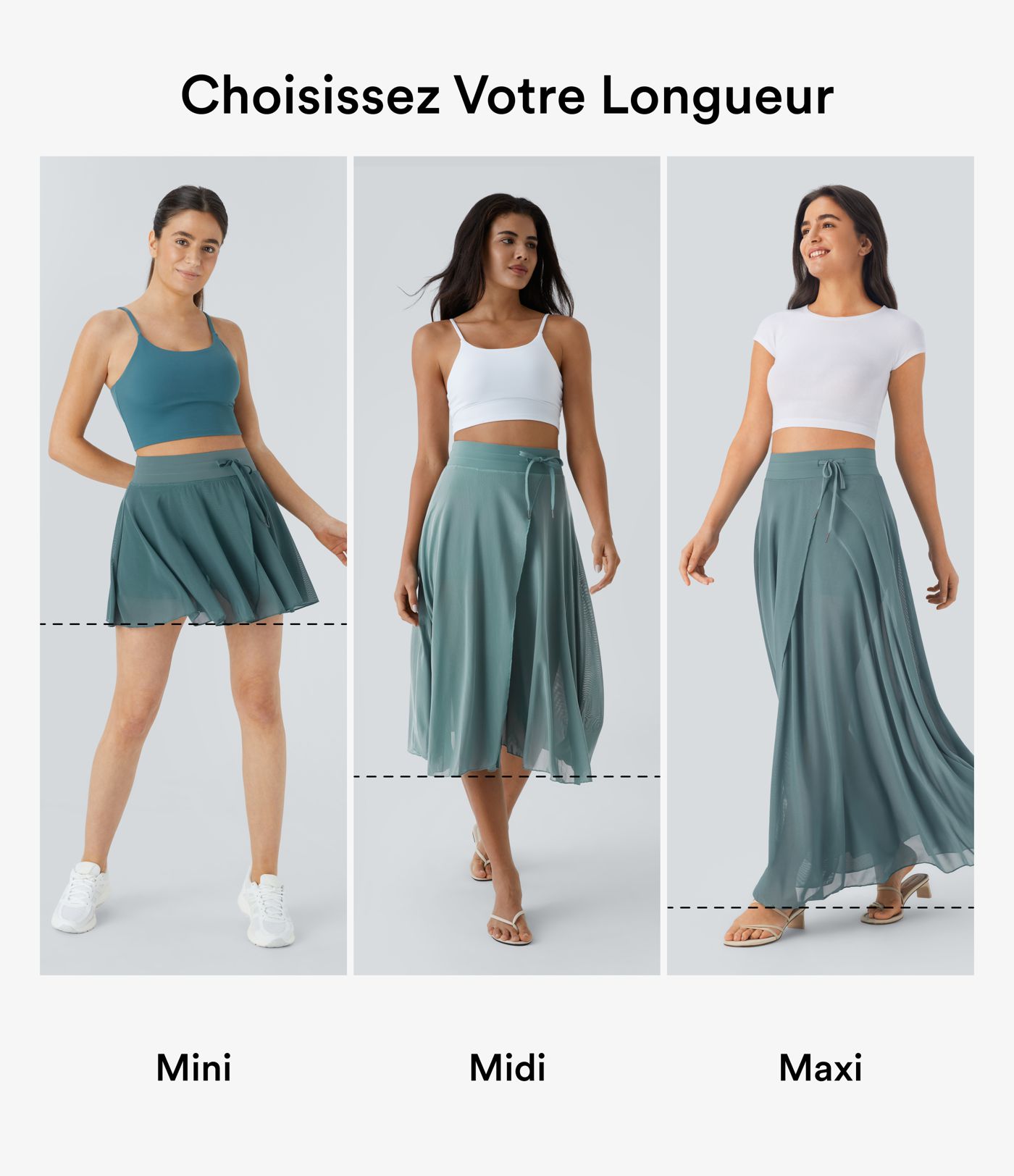 Jupe Casual Évasée Mesh Mi-Longue Fuide 2 en 1 Contrastée Taille Haute Cordon Poche Latérale