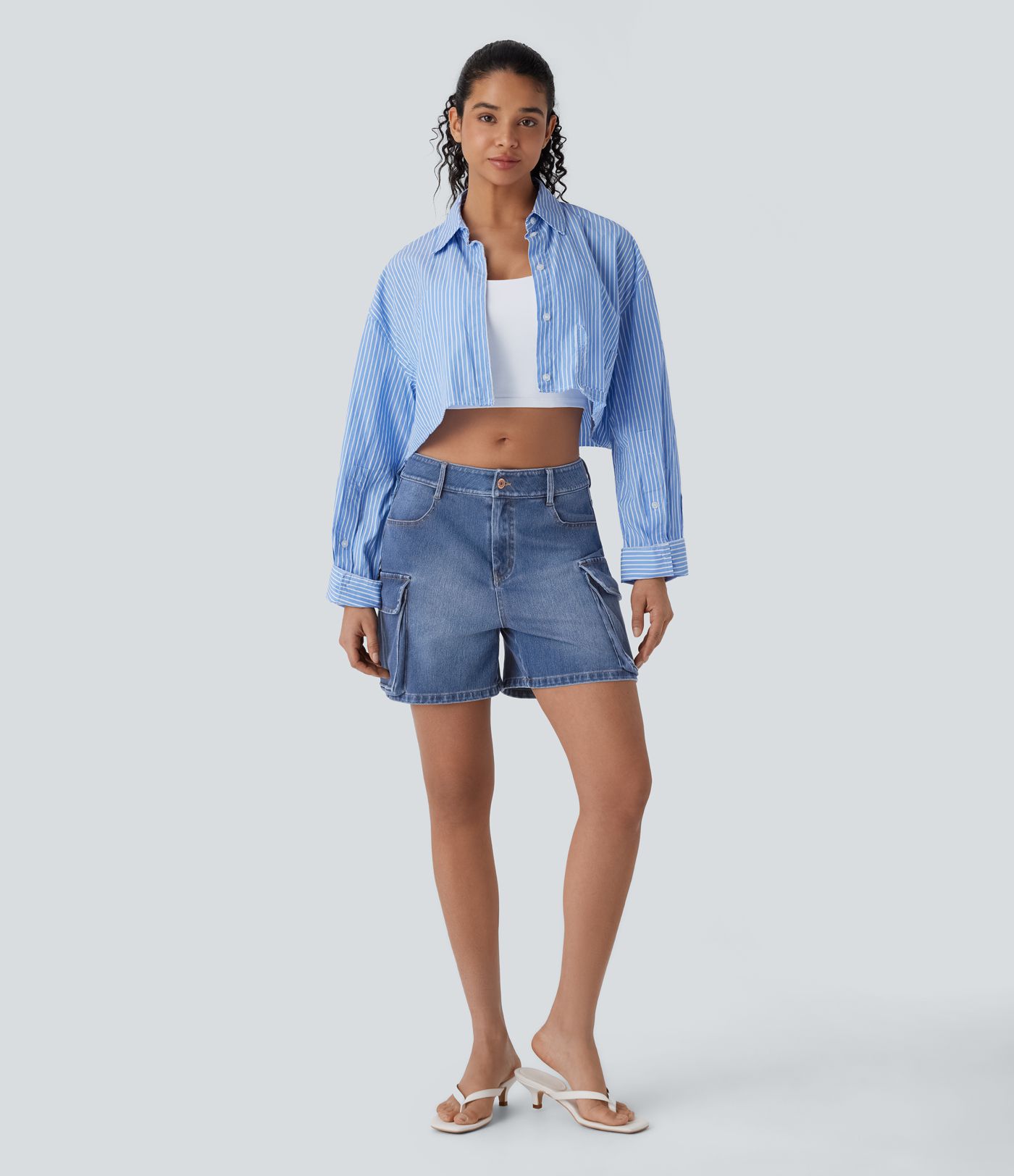 Pantalones Cortos Cargo de Mezclilla Lavados Halara Flex™ de Tiro Bajo con Bolsillos