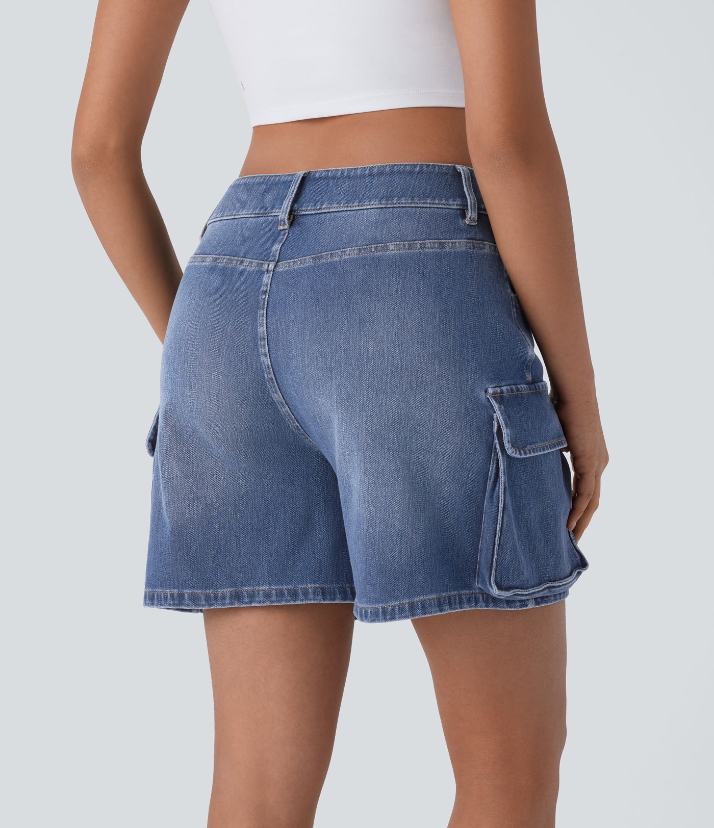 Pantalones Cortos Cargo de Mezclilla Lavados Halara Flex™ de Tiro Bajo con Bolsillos