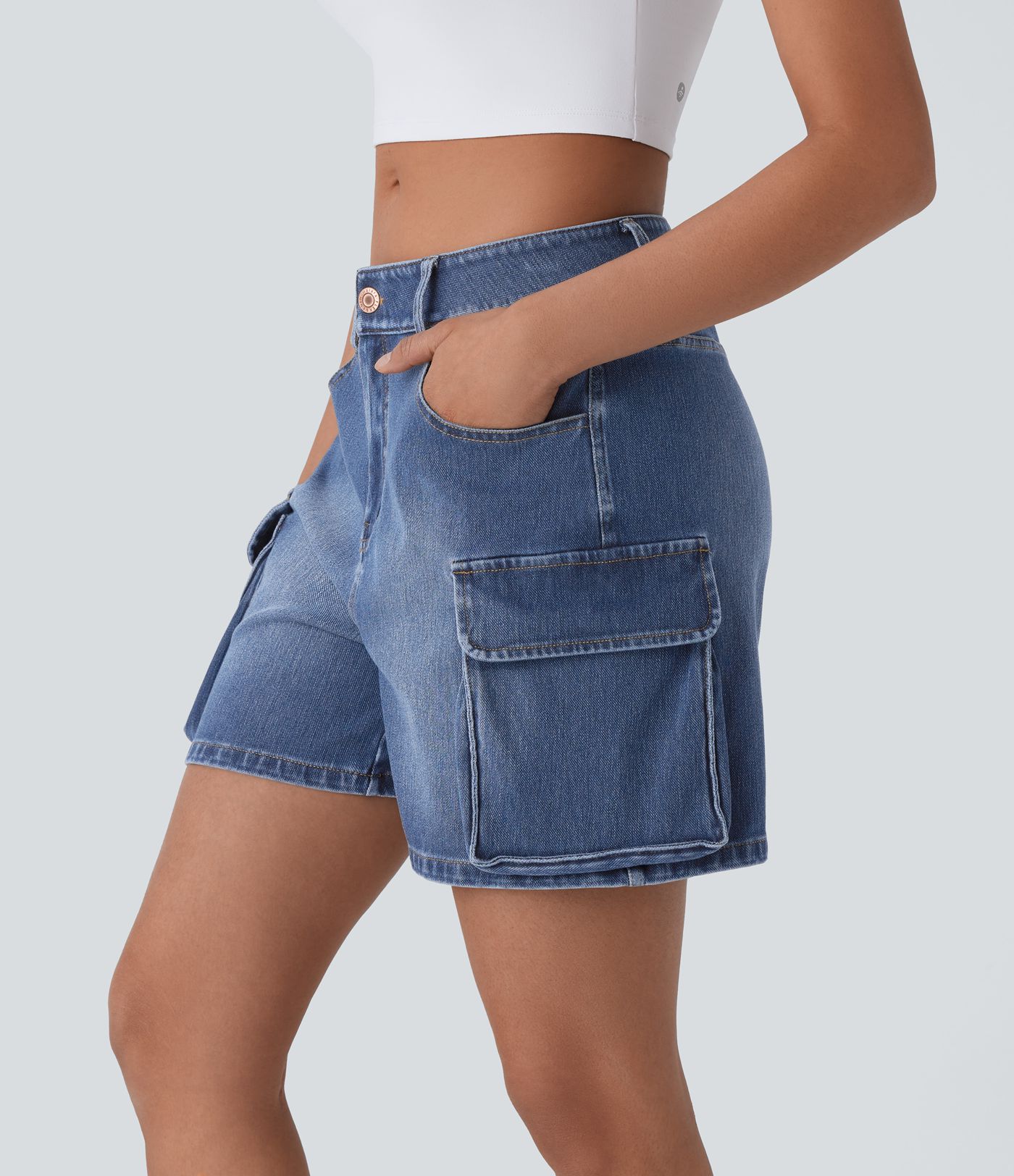 Pantalones Cortos Cargo de Mezclilla Lavados Halara Flex™ de Tiro Bajo con Bolsillos