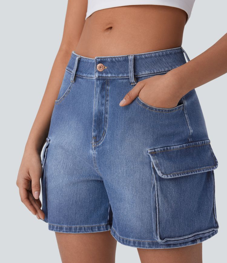 Halara Flex™ Low Rise Pockets Washed Denim Casual Cargo Shorts