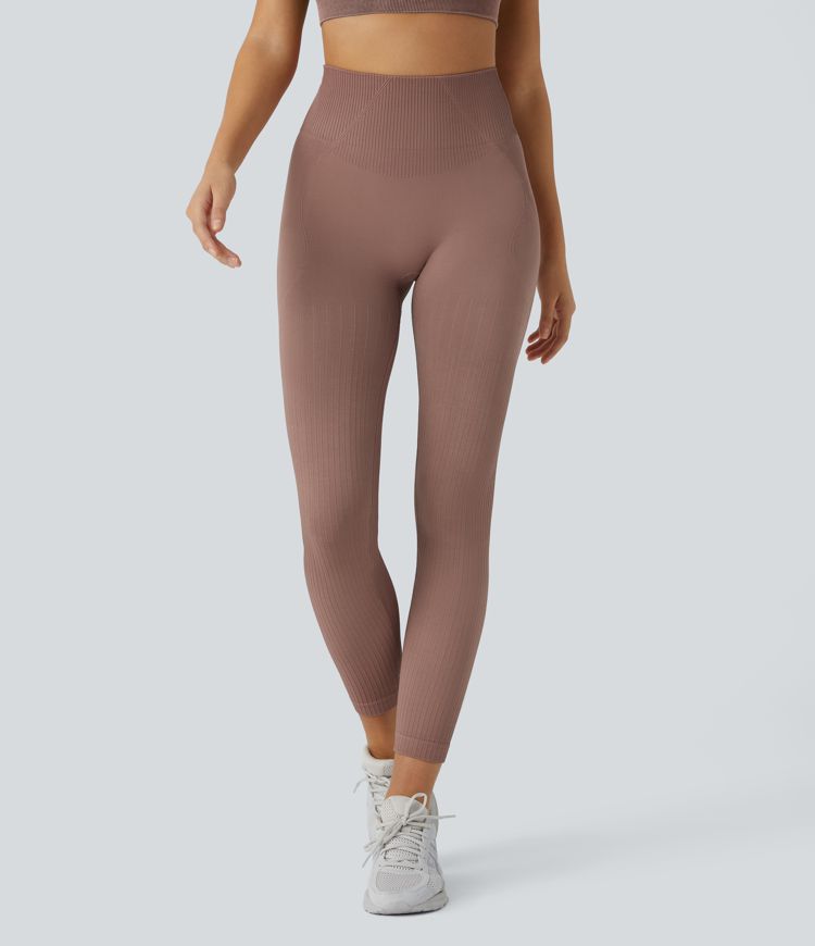 Leggings de entrenamiento acanalados con tiro alto suaves y sin costuras con control de abomen y push-up