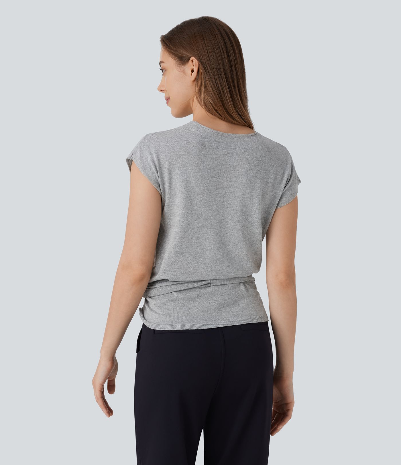 V Neck Crossover Short Sleeve Belted Work Jumper