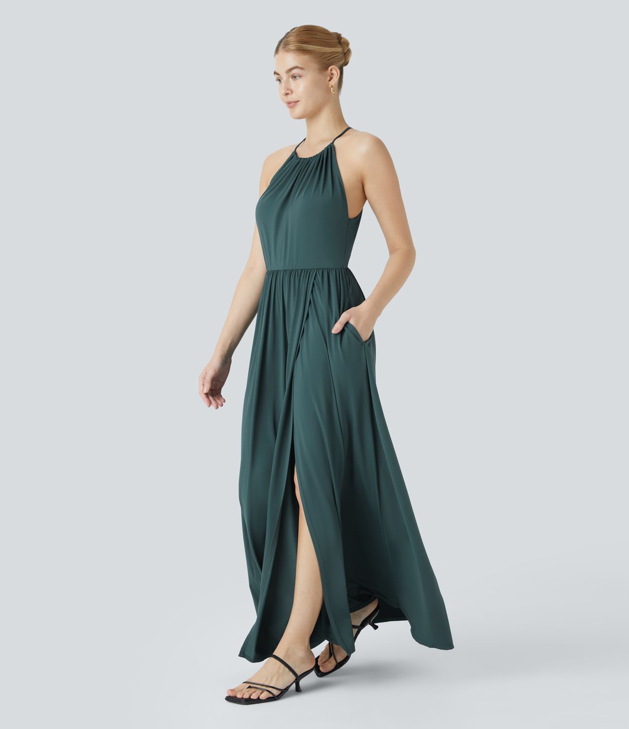 Fließendes Maxi-Partykleid mit verstellbarem Neckholder, Seitentaschen und geschlitztem Saum