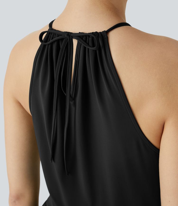 Vestido largo fiesta holgado cuello halter ajustable lazo espalda bolsillo lateral dobladillo dividido