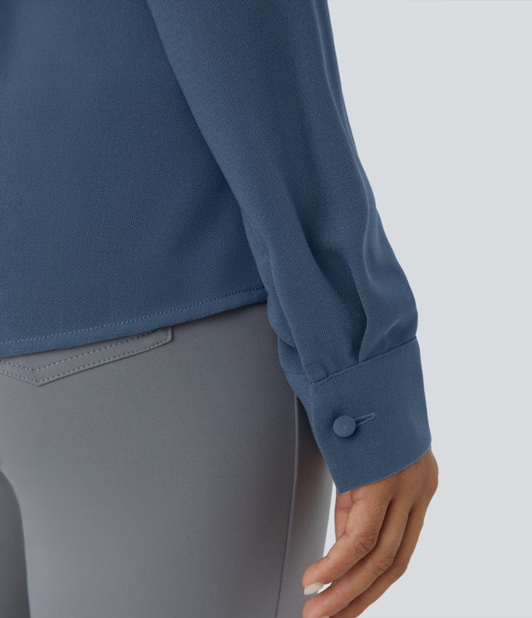 V Neck Crossover Ruched Long Sleeve Work Blouse