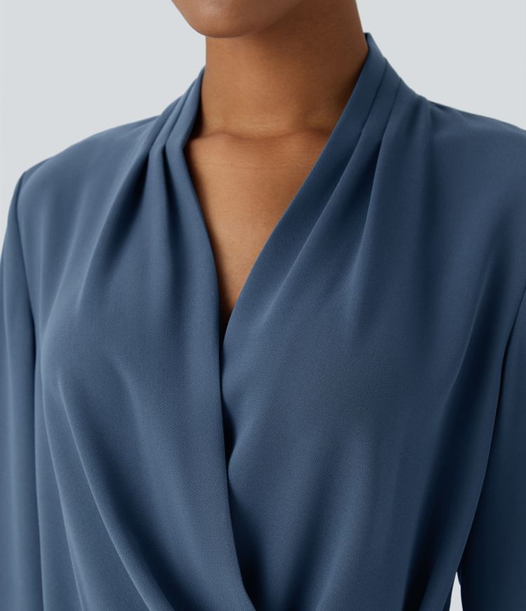 V Neck Crossover Ruched Long Sleeve Work Blouse