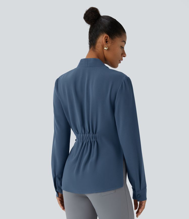 V Neck Crossover Ruched Long Sleeve Work Blouse