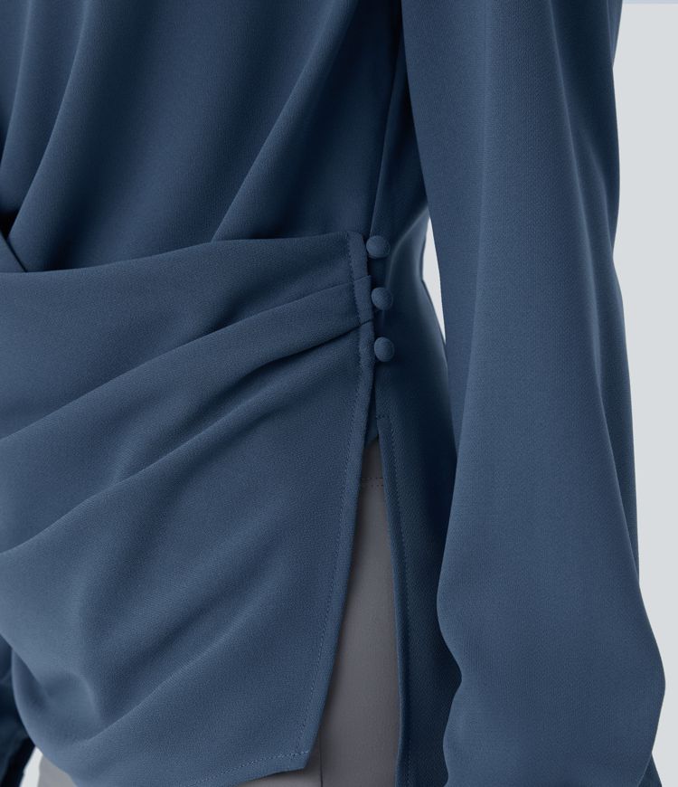V Neck Crossover Ruched Long Sleeve Work Blouse