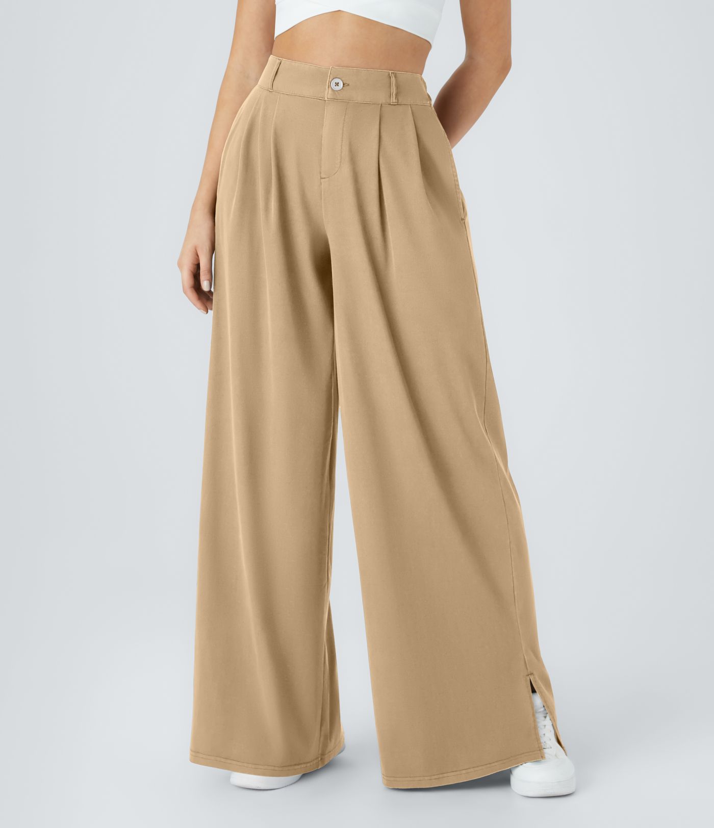 Pantalón ancho tiro alto plisado bolsillo lateral dobladillo dividido cremallera botón