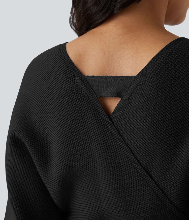 Lässiges Crossover-Mini-Pulloverkleid mit V-Ausschnitt, Fledermausärmeln und Gürtel