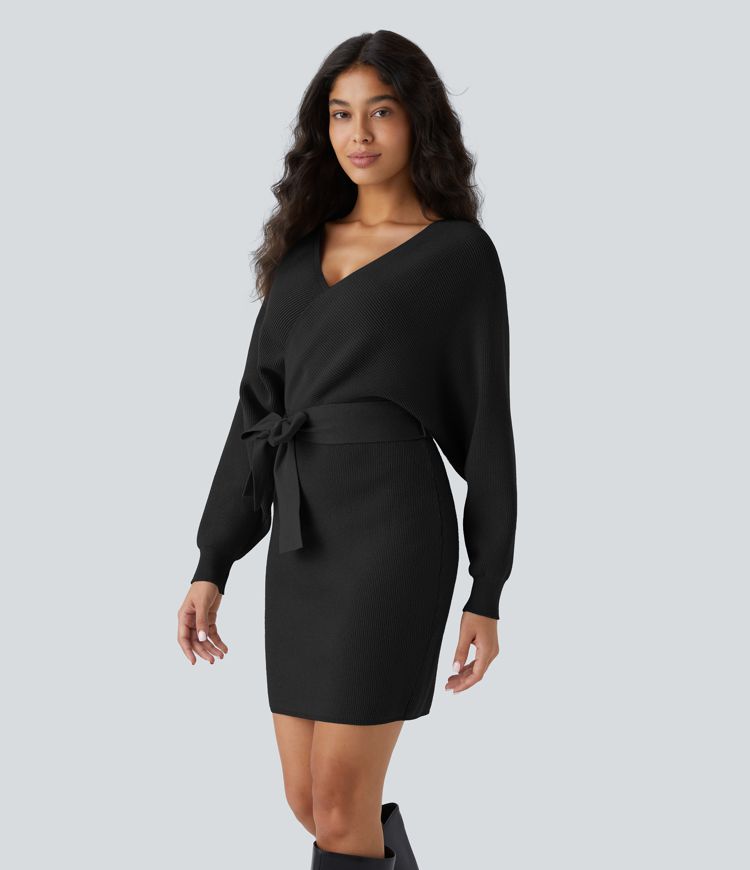 Lässiges Crossover-Mini-Pulloverkleid mit V-Ausschnitt, Fledermausärmeln und Gürtel