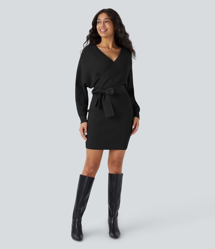 Lässiges Crossover-Mini-Pulloverkleid mit V-Ausschnitt, Fledermausärmeln und Gürtel