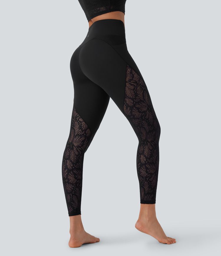 Softlyzero™ High Waisted Crossover Side Pocket Contrast Lace 7/8 Yoga Leggings-UPF50+