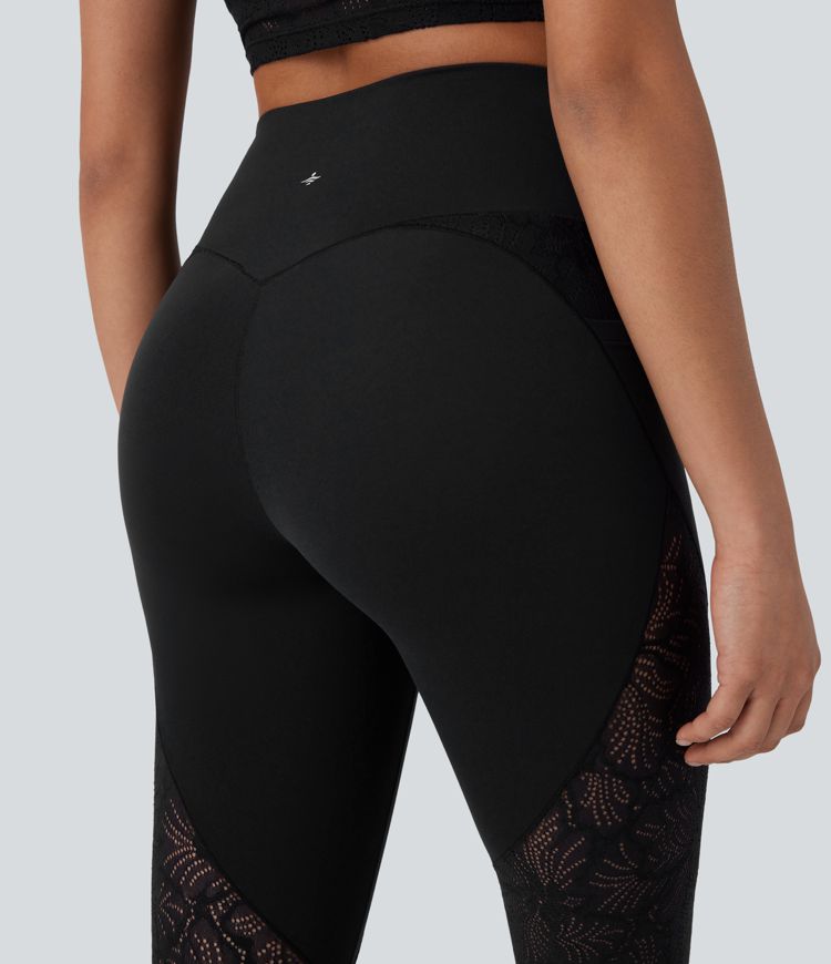 SoftlyZero™ High Waisted Crossover Pocket Contrast Lace 7/8 Yoga Leggings-UPF50+