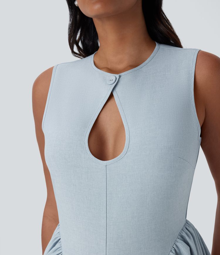 Vestido largo resort cuello redondo botón abertura sin mangas cremallera invisible