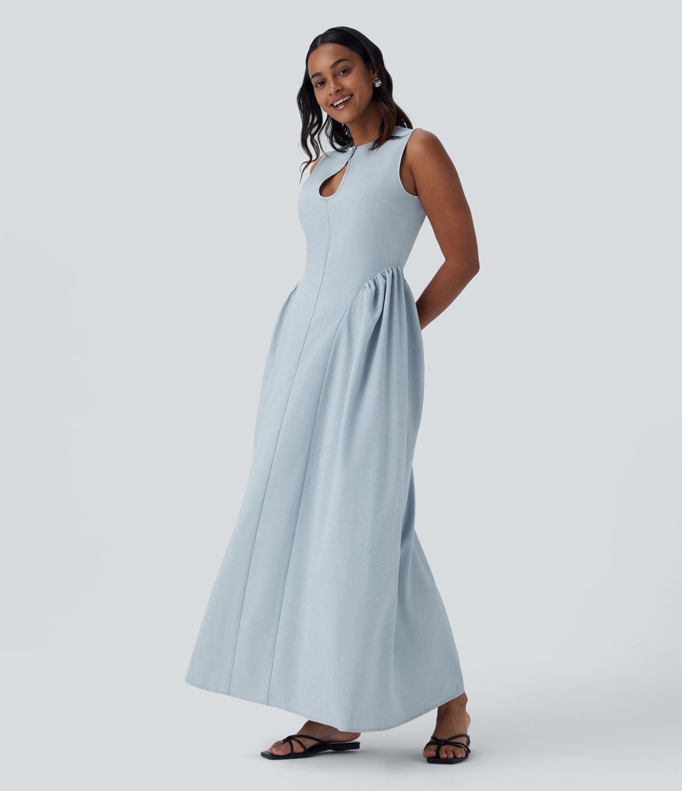 Vestido largo resort cuello redondo botón abertura sin mangas cremallera invisible