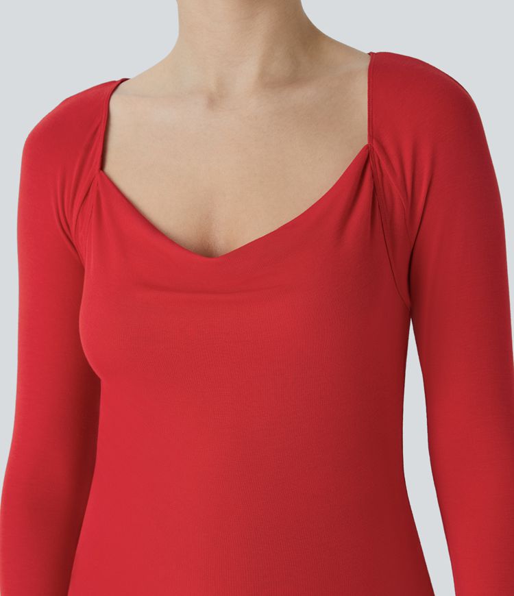 Ribbed knit cowl neck long sleeve slim work top