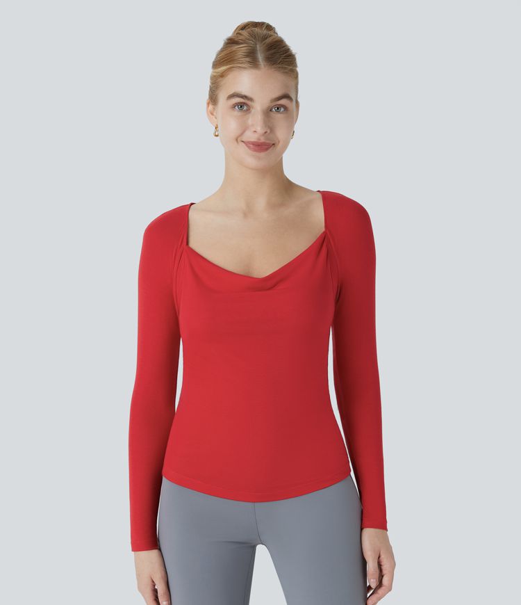 Ribbed knit cowl neck long sleeve slim work top