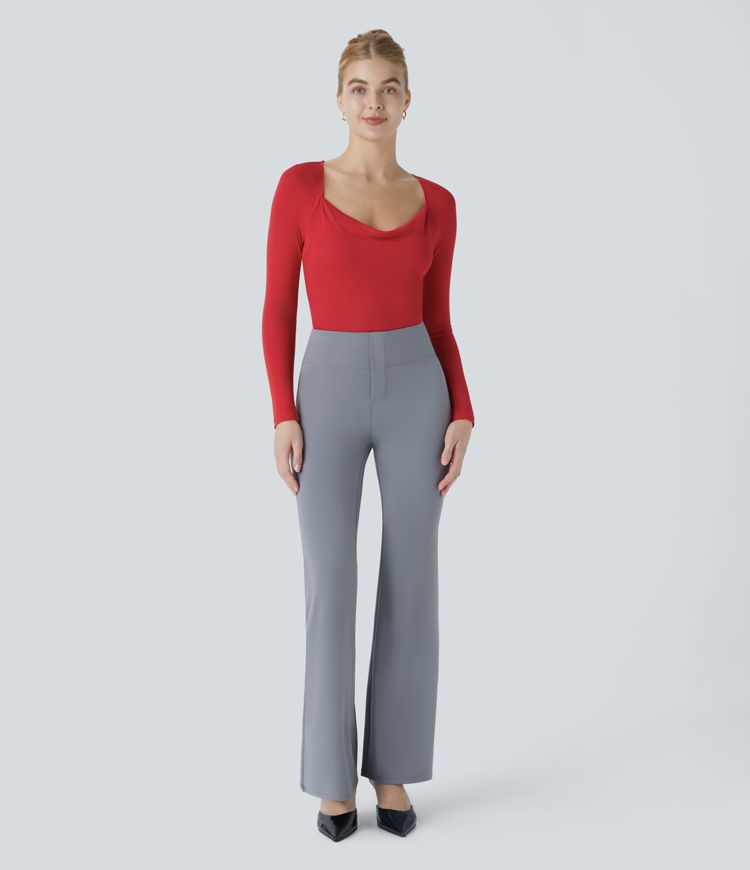 Ribbed knit cowl neck long sleeve slim work top