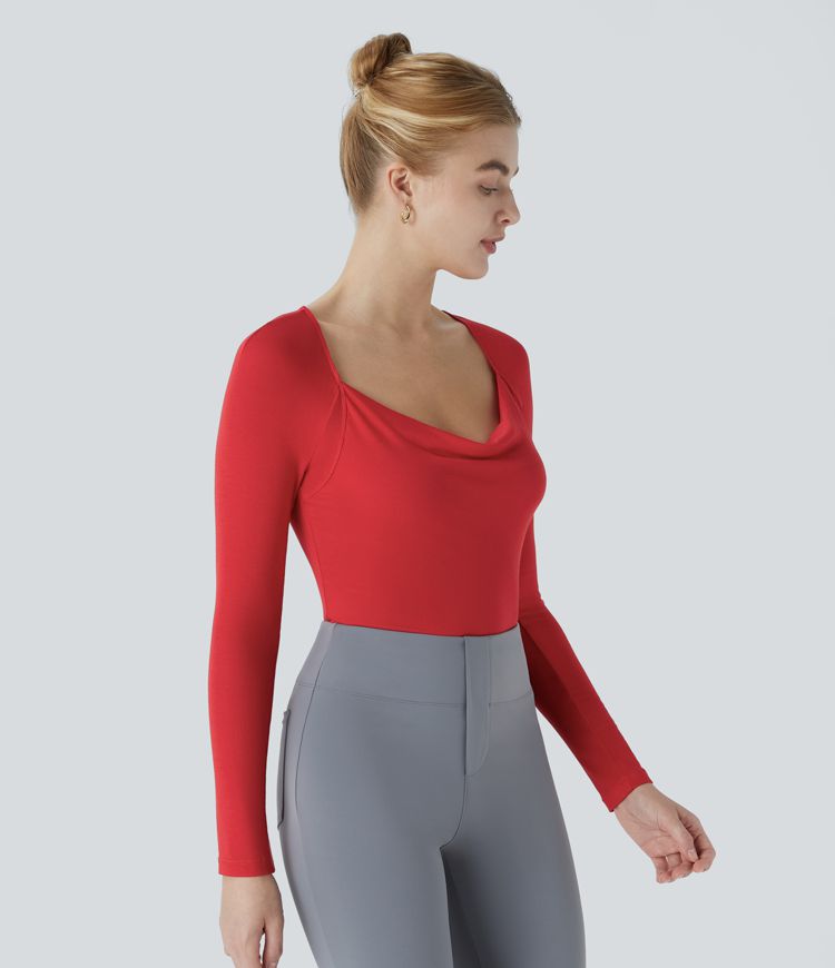 Ribbed knit cowl neck long sleeve slim work top