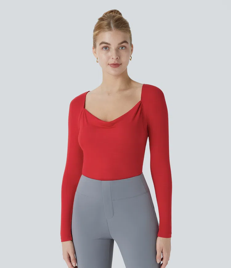 Ribbed cowl neck long sleeve slim work look top