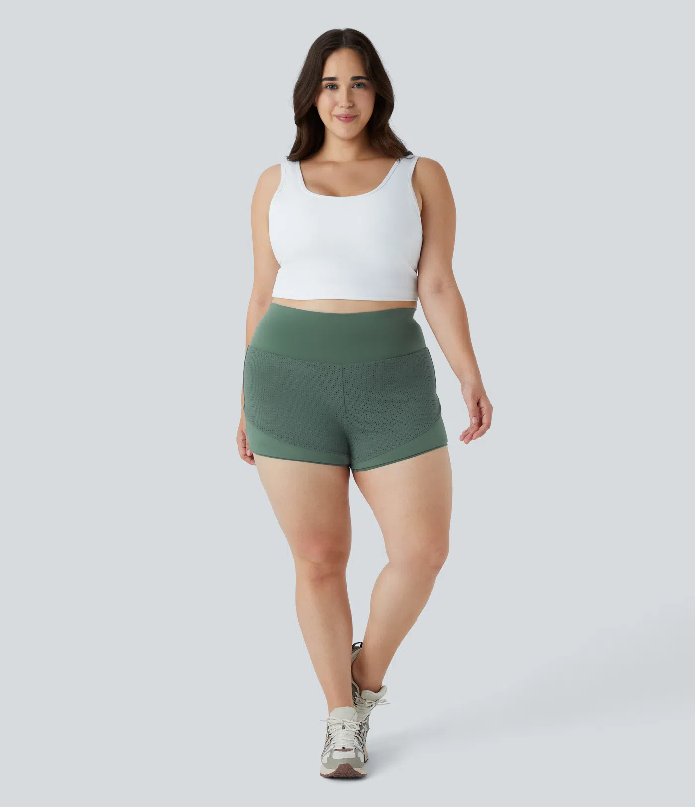 Pantalones cortos de yoga 2 en 1 con cintura alta y bolsillo trasero en la cintura de talla grande