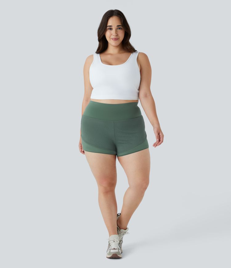 Pantalones cortos de yoga 2 en 1 con cintura alta y bolsillo trasero en la cintura de talla grande