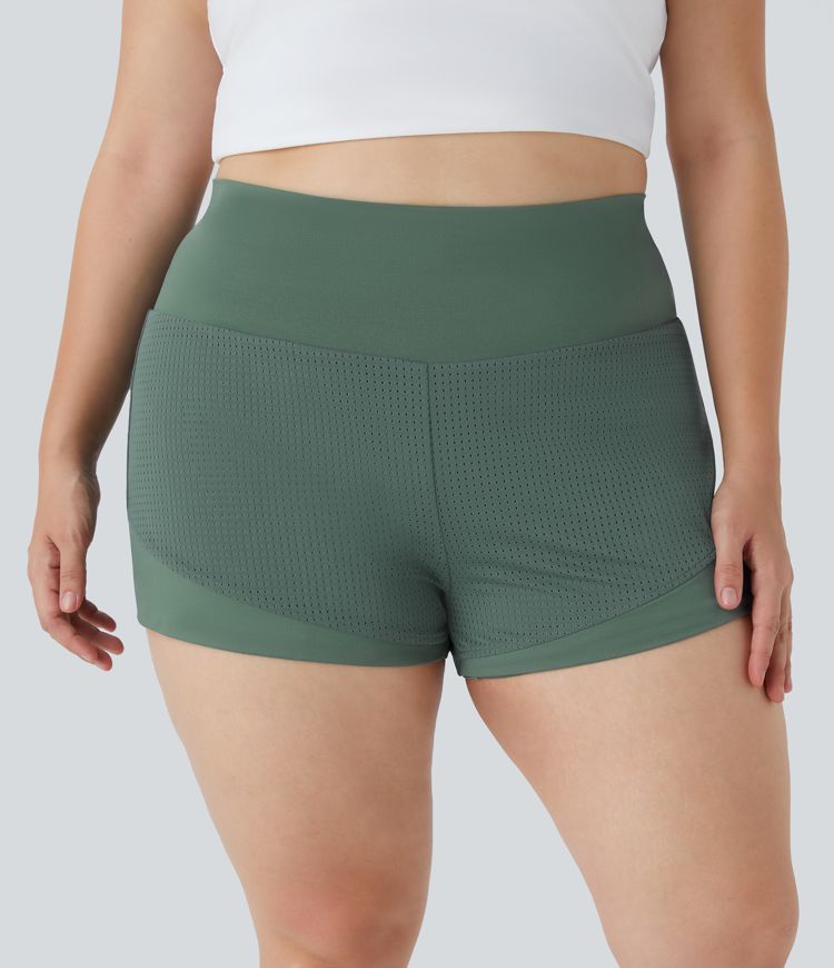 Pantalones cortos de yoga 2 en 1 con cintura alta y bolsillo trasero en la cintura de talla grande